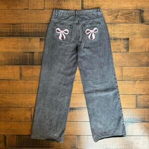 y2k grey bow embroidered coquette straight leg jeans size small